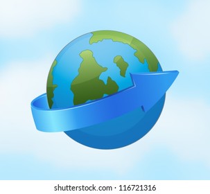 illustration of an earth globe and arrow on a blue