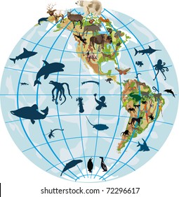 illustration with earth globe and different animals