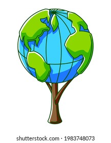 Illustration of Earth globe as green tree. Ecology icon for environment protection.