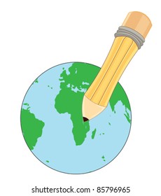 Illustration of earth globe and yellow pencil