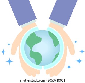 Illustration Of The Earth Glowing Blue On Both Hands Outstretched