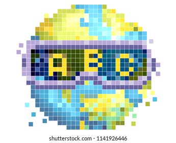 Ilustración de la Tierra con gafas con ABC en diseño de arte de píxeles