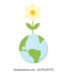 Illustration of the Earth with green continents and blue oceans, a flower with a yellow center, white petals, and green leaves growing out of it. Symbolizes growth and interconnected ecosystems.