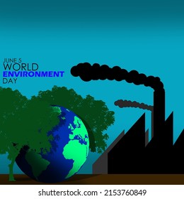 Illustration of an earth hiding among the trees with a background of factories emitting thick black smoke pollution and bold texts, World Environment Day June 5