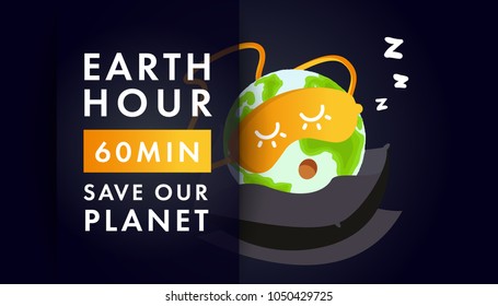 Illustration of Earth hour. 25 march. Our planet sleeps. Flat design vector illustration for web banner, web and mobile, infographics. Vector