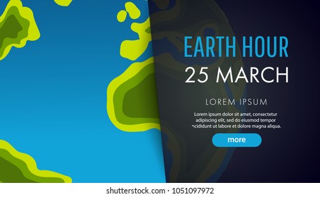 Illustration of Earth hour. 25 march. Our planet sleeps. Flat design vector illustration for web banner, web and mobile, infographics. Vector