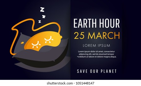 Illustration of Earth hour. 25 march. Our planet sleeps. Flat design vector illustration for web banner, web and mobile, infographics. Vector