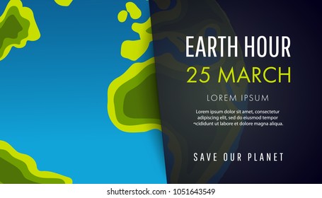 Illustration of Earth hour. 25 march. Our planet sleeps. Flat design vector illustration for web banner, web and mobile, infographics. Vector