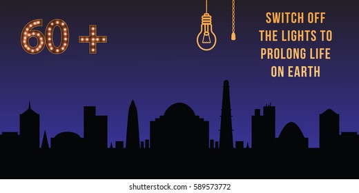 Illustration Of Earth Hour. Background With Contours Of The City At Night And A Bulb