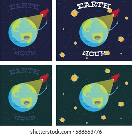 Illustration of Earth hour. Cartoon earth is going to turn off the lights and relax