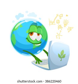 Illustration of earth mascot at the computer