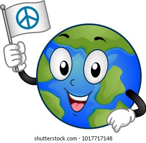 Illustration of an Earth Mascot Holding a Flag with a Peace Sign