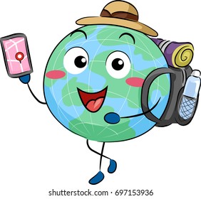 Illustration of an Earth Mascot Wearing a Travel Bag Holding a Mobile Phone with GPS