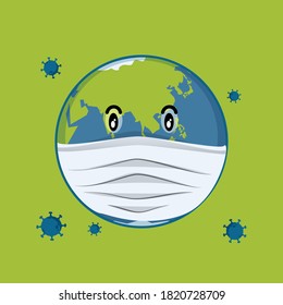 illustration earth with mask protection design vector. gambar ilustrai bumi memakai masker dengan latar belakang hijau.