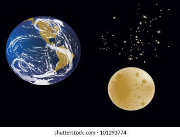 illustration with earth and moon isolated on black background