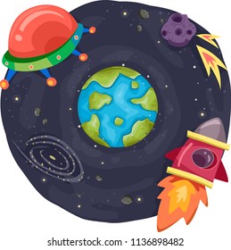 Illustration of the Earth in Outer Space with Rocket and Spaceship and Comets Around It