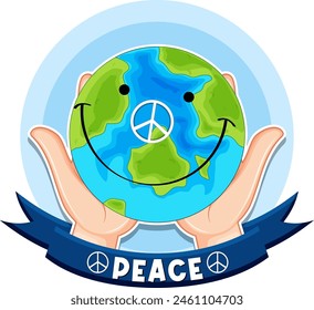 Illustration of Earth with peace symbol, held by hands