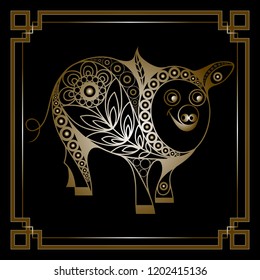 Illustration of earth pig, symbol of 2019. Silhouette of swine, decorated with floral pattern. Vector element for New Year's design.