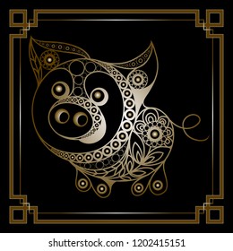 Illustration of earth pig, symbol of 2019. Silhouette of swine, decorated with floral pattern. Vector element for New Year's design.