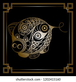 Illustration of earth pig, symbol of 2019. Silhouette of swine, decorated with floral pattern. Vector element for New Year's design.