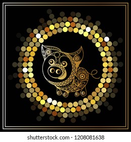 Illustration of earth pig, symbol of 2019. Silhouette of swine, decorated with floral pattern. Vector element for New Year's design.