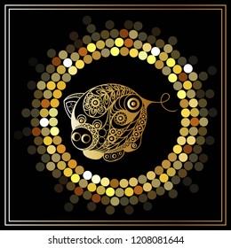 Illustration of earth pig, symbol of 2019. Silhouette of swine, decorated with floral pattern. Vector element for New Year's design.