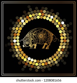 Illustration of earth pig, symbol of 2019. Silhouette of swine, decorated with floral pattern. Vector element for New Year's design.