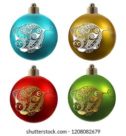 Illustration of earth pig, symbol of 2019. Christmas ball with swine, decorated with floral pattern. Vector element for New Year's design.
