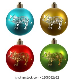 Illustration of earth pig, symbol of 2019. Christmas ball with swine, decorated with floral pattern. Vector element for New Year's design.