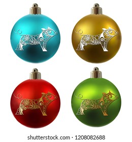 Illustration of earth pig, symbol of 2019. Christmas ball with swine, decorated with floral pattern. Vector element for New Year's design.
