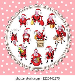 Illustration of earth pigs, symbol of 2019-set. Funny cartoon of swine. Vector element for New Year's design.