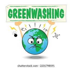 Illustration of earth with a placard where is writing Greenwashing. It is a metaphor of the fake marketing of some brands on the global warming of climate and the protect of the earth.