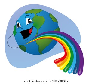 Illustration earth planet with a happy face and with a rainbow coming out of it. Ideal for children's and educational materials