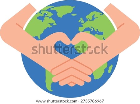 Illustration of Earth protected by hands forming a heart shape, symbolizing love for the planet, environmental care and sustainability.