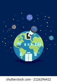 Illustration of Earth Shaped Observatory Building with Telescope Outside a Window in Outer Space