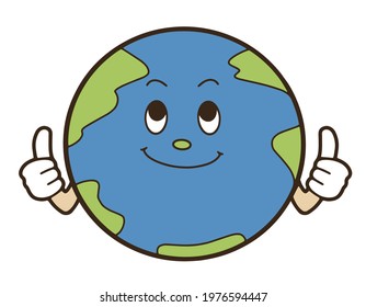 Illustration of the earth smiling with a thumb up. Vector illustration on white background.