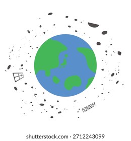 Ilustración de la Tierra y los desechos espaciales flotando a su alrededor