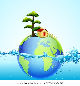 illustration of earth in splash of water with house and tree