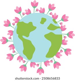 Illustration of Earth surrounded by pink flowers symbolizing nature and environmental care. Healthy Nature.