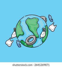 Illustration of Earth Surrounded By Plastic Debris and Pollution Waste