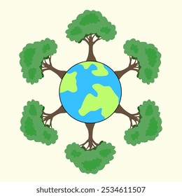 An illustration of the Earth surrounded by trees, symbolizing environmental conservation and global nature care.