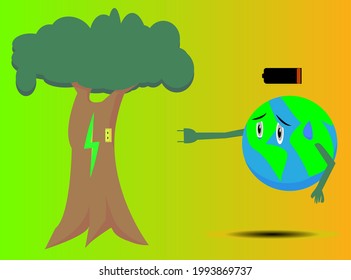 illustration of the earth that is experiencing a lack of energy and will charge to a tree