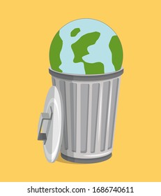 illustration of the earth in the trash can. on a yellow background