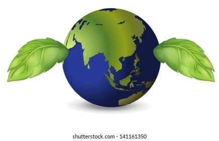 Illustration of the earth with two green leaves