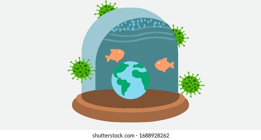 Illustration of earth is under water.Corona virus effect on earth .Underwater design of world.