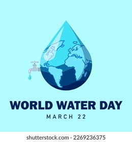 illustration of earth and water coming out of a faucet. World water day. Save the water, march 22. vector