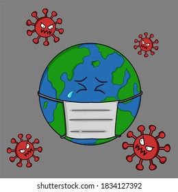 illustration of the earth who is wearing a mask because of the Corona virus outbreak