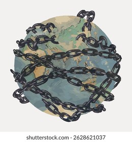 Illustration of Earth wrapped in chains. Chains encircle the globe, symbolizing restriction. Earth and chains depict confinement and limitation. Global chains concept. Vintage art illustration vector.
