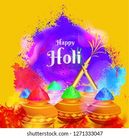 Illustration of earthen pot full of colors on splash background for Happy Holi celebration greeting card design.