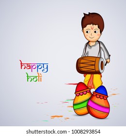 Illustration of Earthern Port and boy with drum for the indian festival holi